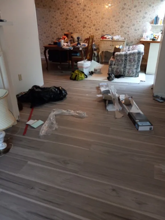 Wood-look floor continuing through an open living and dining space