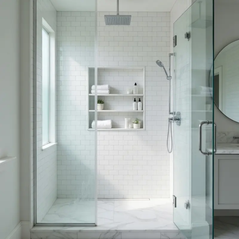 Finished shower wall tile with clean grout lines